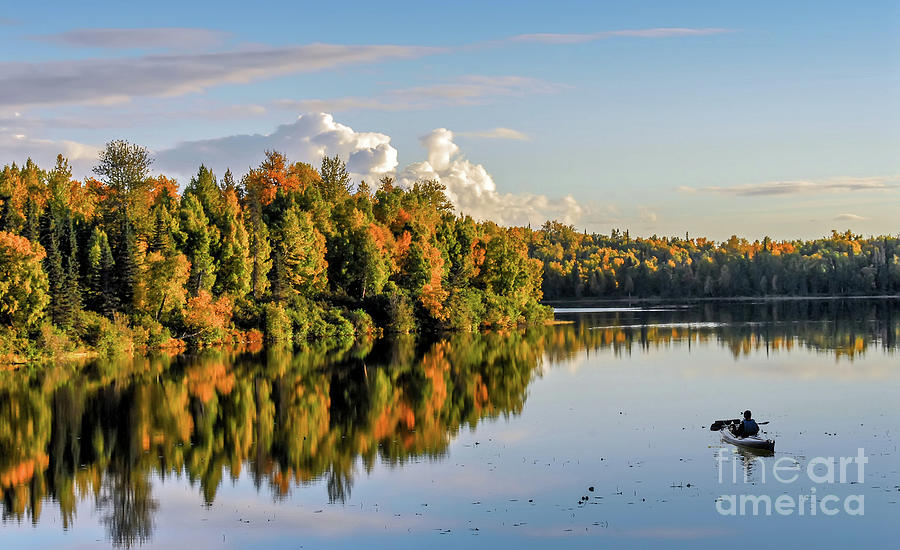 Kayaker admiring the spectacular Autumn Colors on a Lake in Alaska Photograph by Patrick Wolf