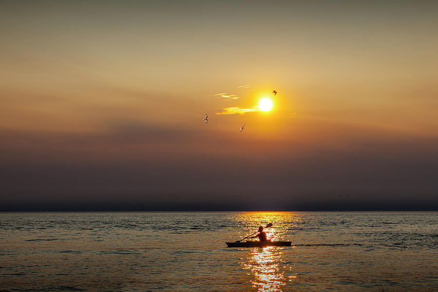 Kayaker ay Sunset on Lake Michigan Photograph by Randall Nyhof