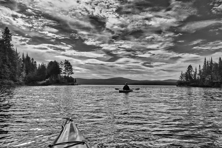 Kayaker on Maine Lake Black and White Photograph by Russel Considine