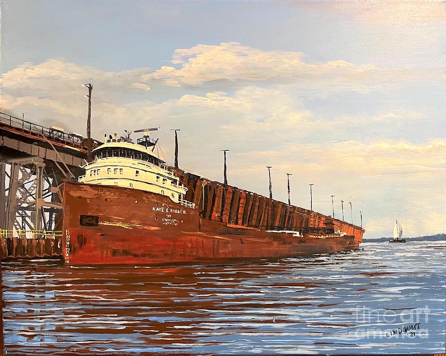Marquette University Painting - Kaye Barker at dock in Marquette by Tim Lindquist