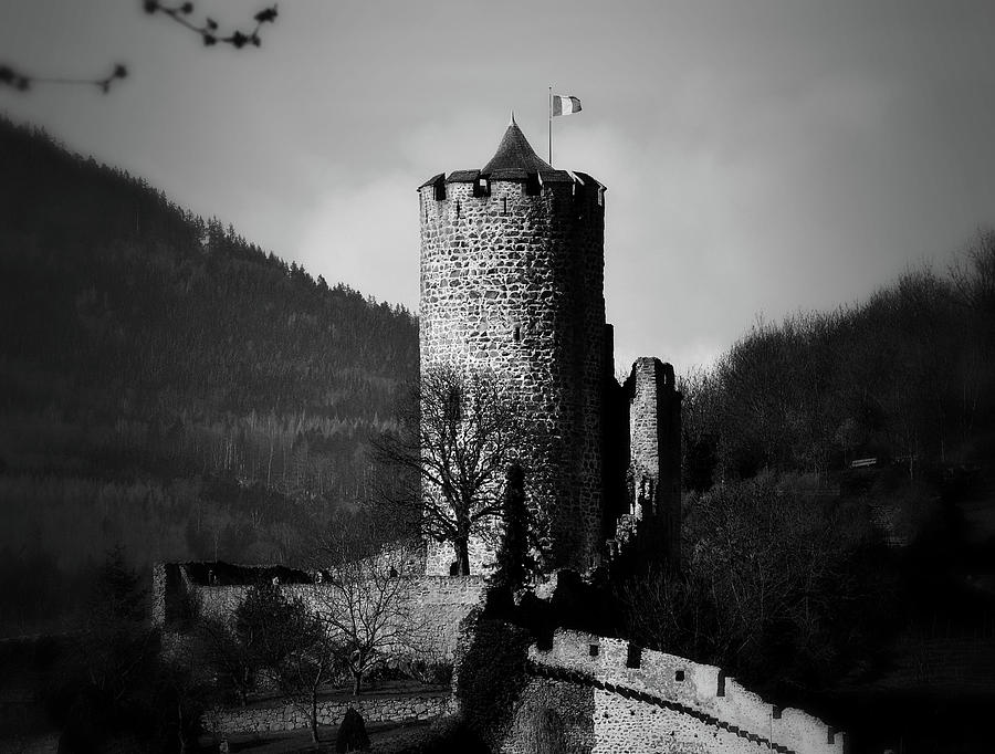 Kaysersberg Castle in Black and White Photograph by Nadalyn Larsen