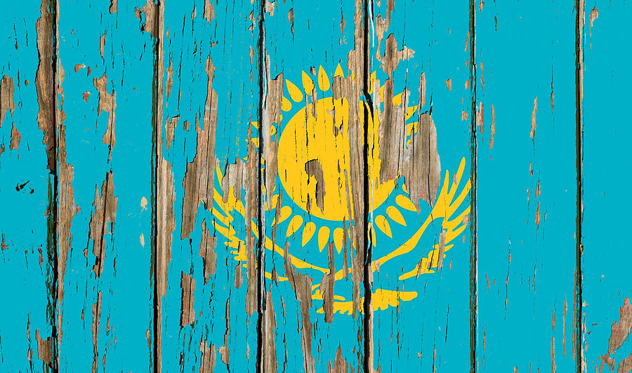 Kazakhstan Flag Peeling Paint Distressed Barnwood Mixed Media