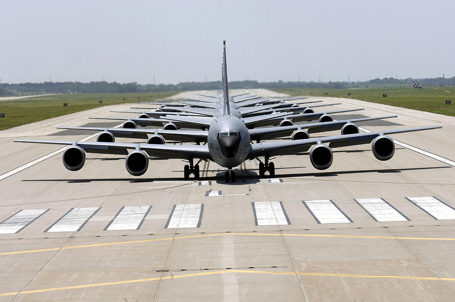 KC-135 Stratotankers demonstrate the elephant walk formation. Photograph by Stocktrek Images