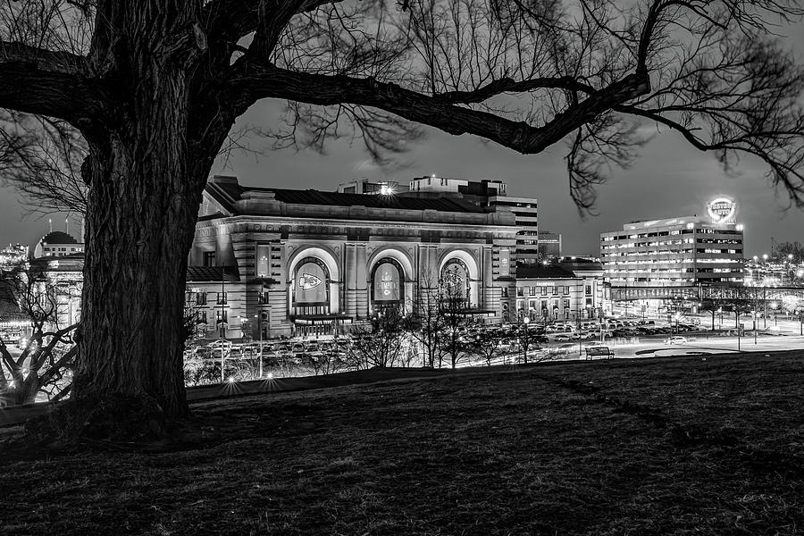 Kansas City Chiefs Photograph - KC Union Station in Honor of the World Champions - Black and White by Gregory Ballos