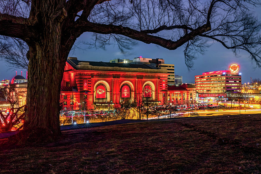 Kansas City Chiefs Photograph - KC Union Station in Red and Gold In Honor of the World Champions by Gregory Ballos