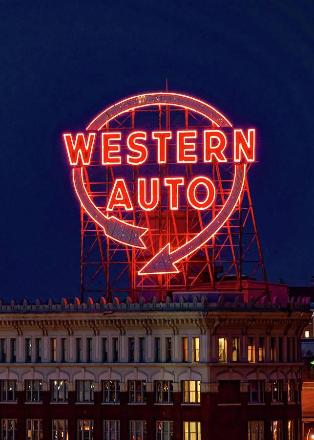 Kansas City Photograph - KC Western Auto Neon Sign in Chiefs Champion Red by Gregory Ballos
