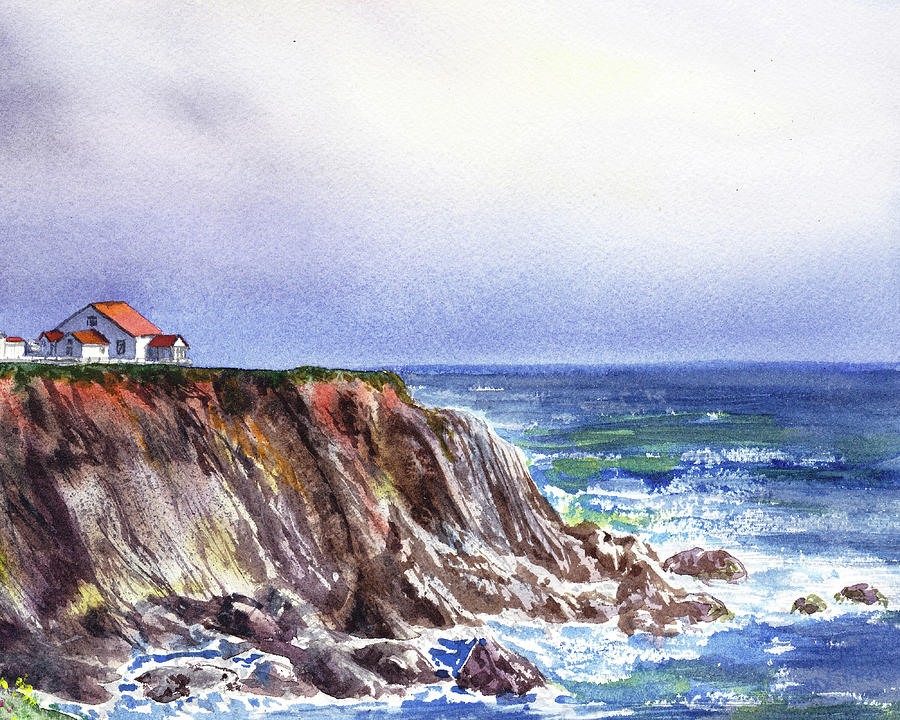 Keepers House On Rocky Cliff At The Ocean Shore Watercolor  Painting by Irina Sztukowski