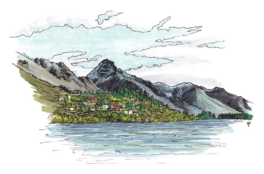 Mountain Drawing - Kelvin Heights from Frankton - coloured by Tom Napper