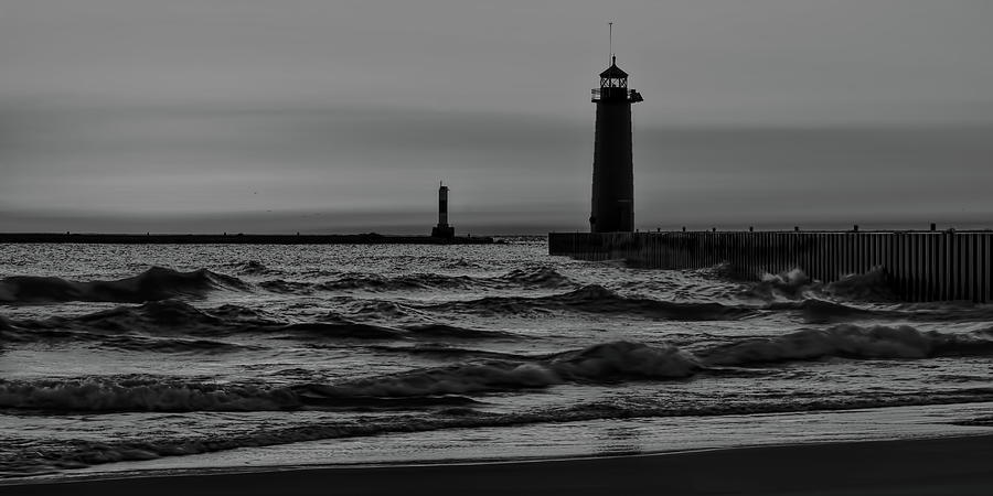 Kenosha Lighthouse Waves BW Photograph by Dale Kauzlaric