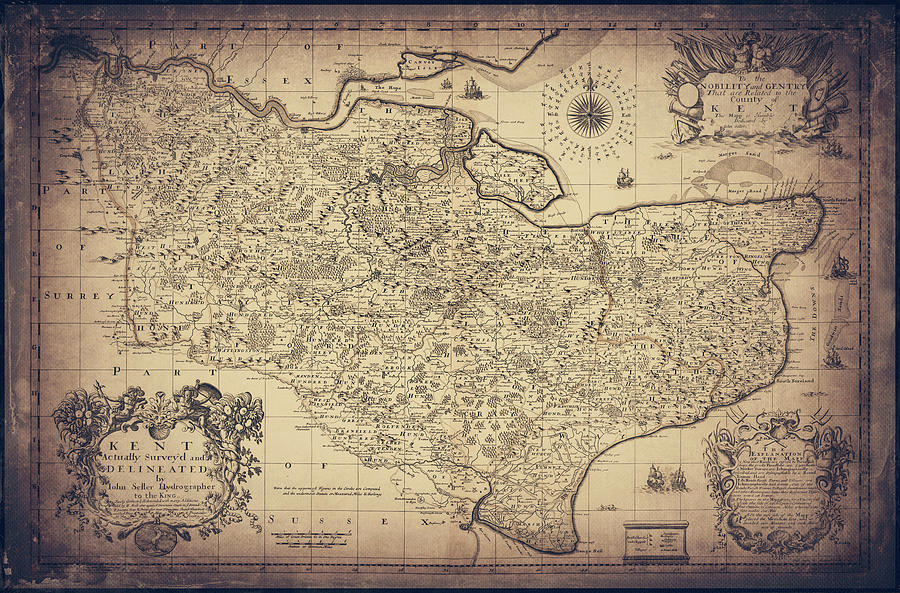 Vintage Photograph - Kent England Antique Vintage Map 1730 Sepia  by Carol Japp