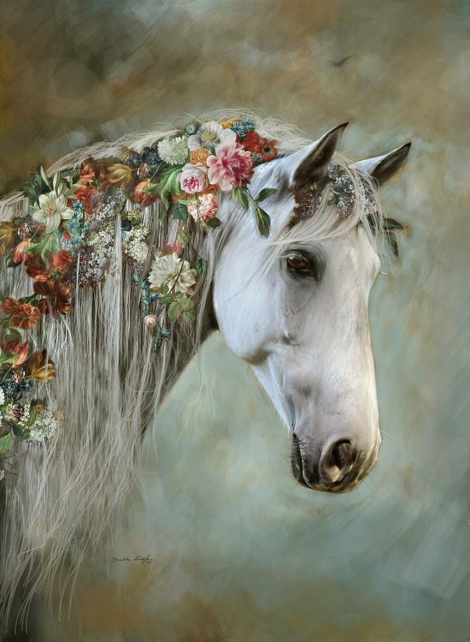 White Horse Digital Art - Kentucky Moutain Horse in Flowers by Dorota Kudyba