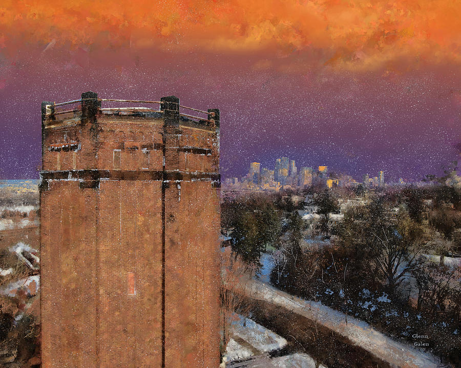 Kenwood Water Tower - Sunset Snow Shower Mixed Media by Glenn Galen