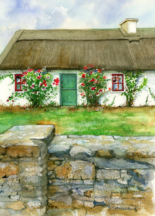 Kerry cottage and stone wall Painting by Rebecca Matthews