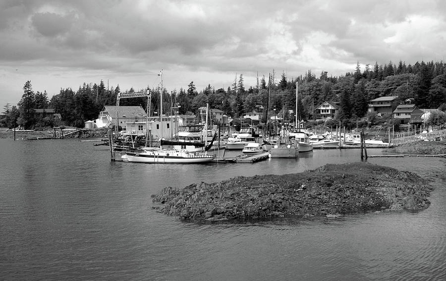 Ketchikan Alaska Air Marine Harbor on a Cloudy Day in Black and White Photograph by James C Richardson