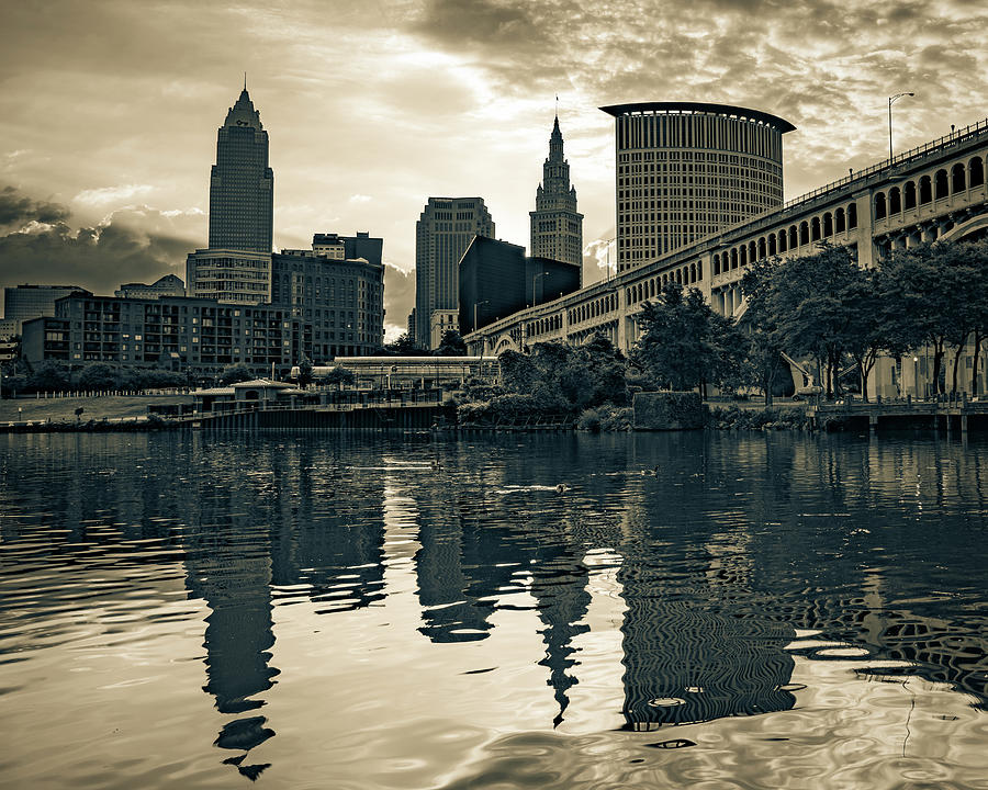Key Tower And Terminal Tower Reflecting On The Cuyahoga River - Cleveland Sepia Skyline Photograph