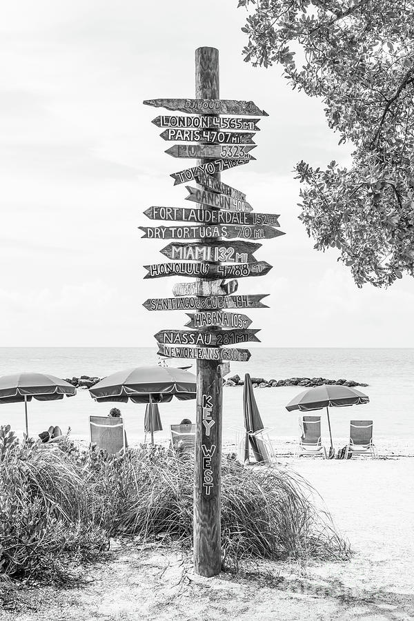 Key West City Miles Arrows Sign Black and White Photo Photograph by Paul Velgos