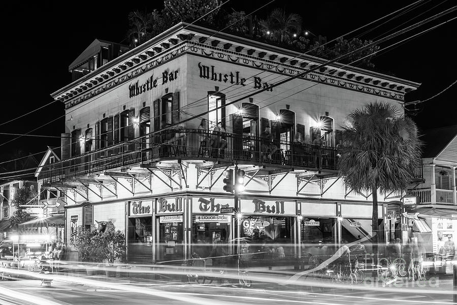 Key West The Bull and Whistle Bar at Night Black and White Photo Photograph by Paul Velgos