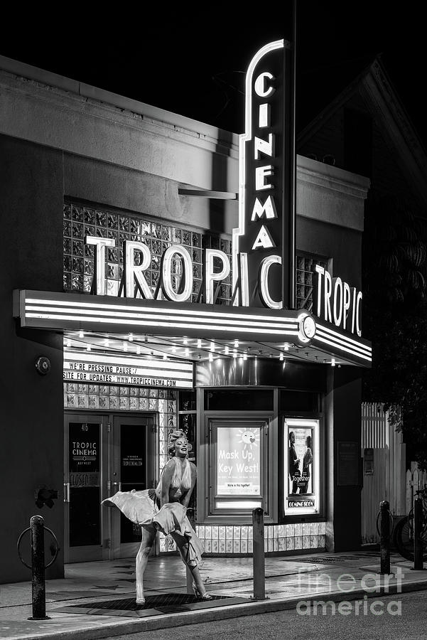 Key West Tropic Cinema at Night Black and White Photo Photograph by Paul Velgos