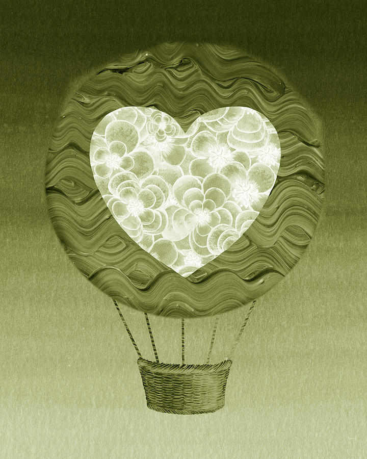 Khaki Green Hot Air Balloon With Floral Heart Painting by Irina Sztukowski