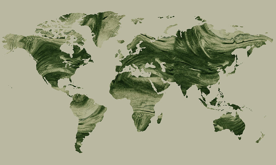 Khaki Green Jasper World Map Silhouette  Painting by Irina Sztukowski