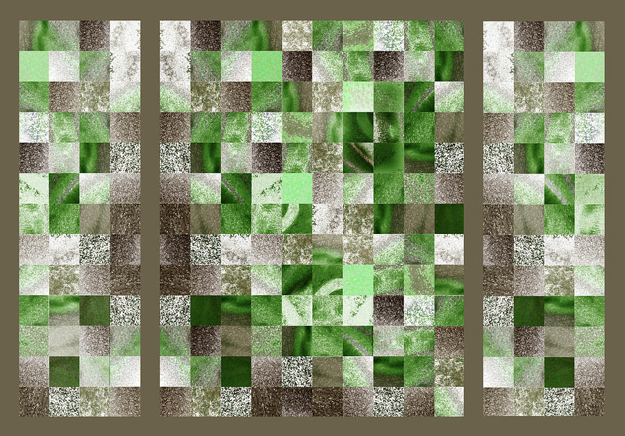 Khaki Green Watercolor Squares Art Mosaic Quilt Painting by Irina Sztukowski