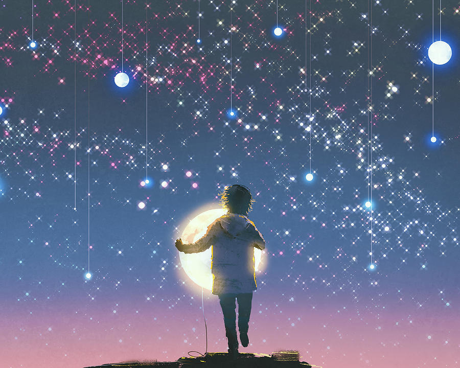Kid Holding Moon with Glowing Stars Digital Art by Ian Fantasy - Fine ...