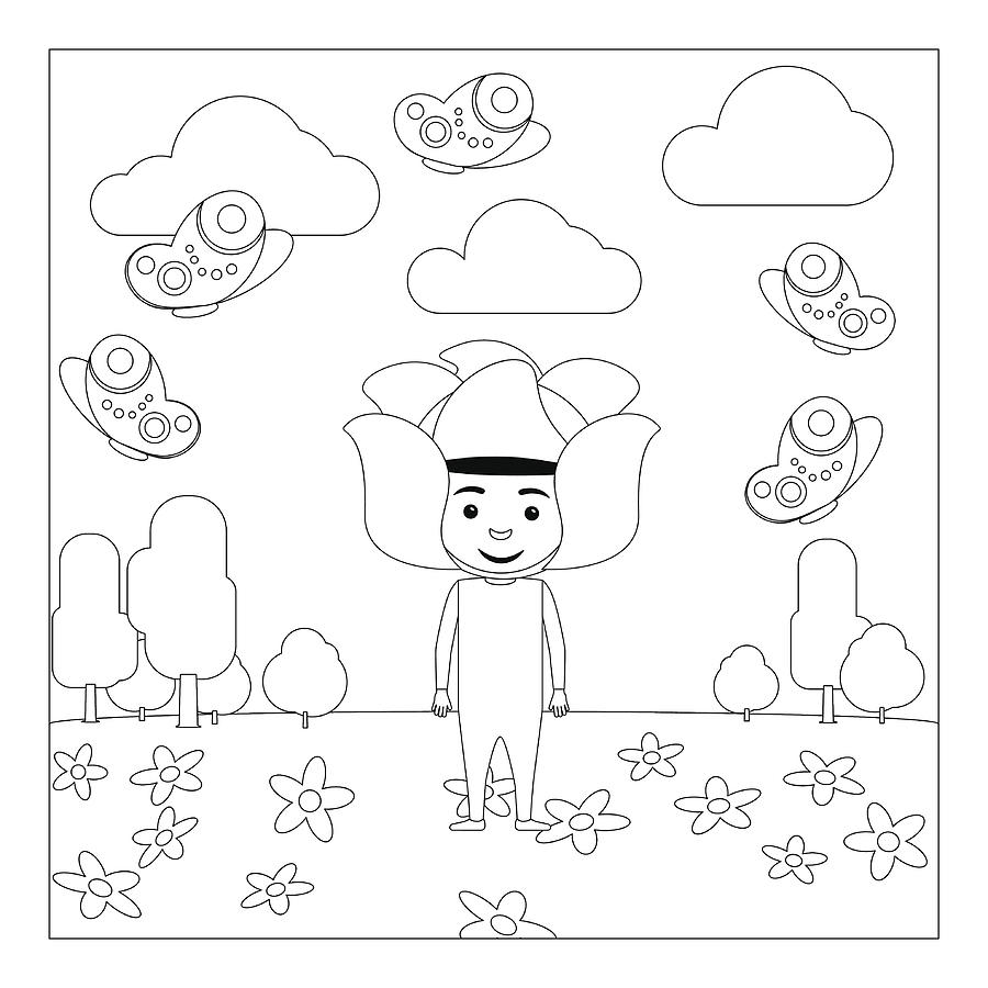 Kid in flower dress coloring page Drawing by S-s-s
