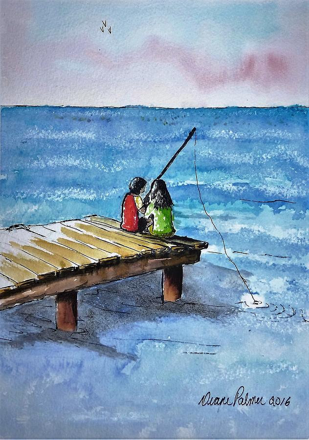 Kids Fishing Off Dock Painting Painting by Diane Palmer - Fine Art America