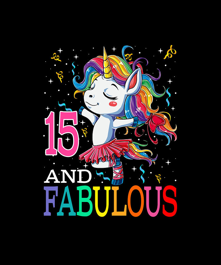 Kids Girls 15th Birthday Unicorn Fabulous 15 Years Old Party Drawing by ...