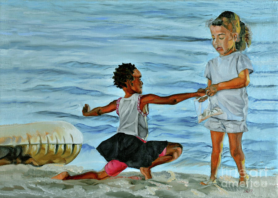 Beach Painting - Kids on Beach Collecting Shell in The Bahamas by Judson P Eneas