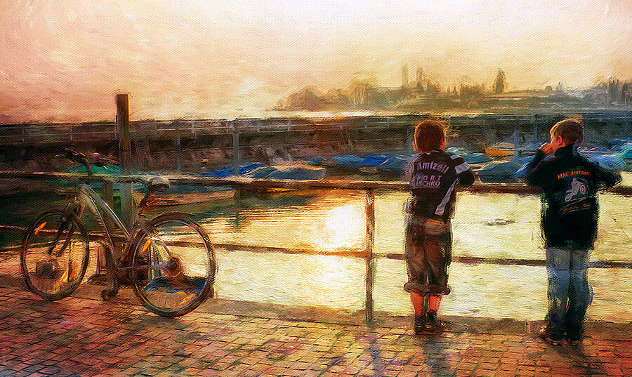 Kids by Lake Constance at sunset Mixed Media by Tatiana Travelways