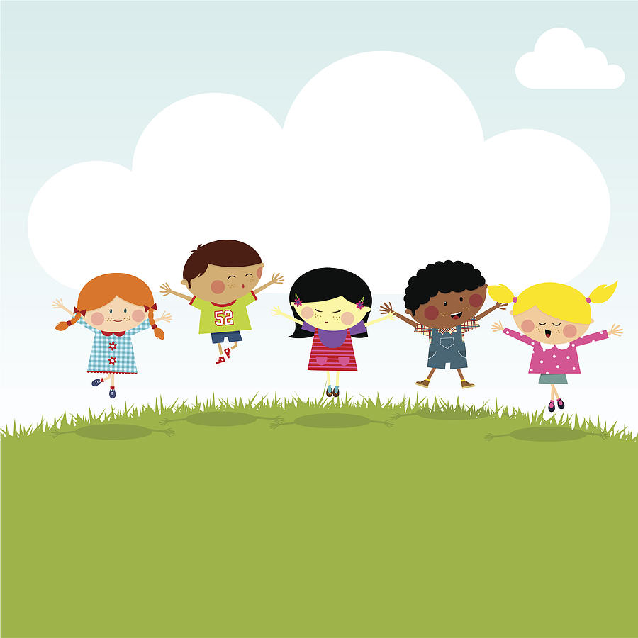 Kids on the hill happy jumping vector illustration myillo Drawing by Myillo