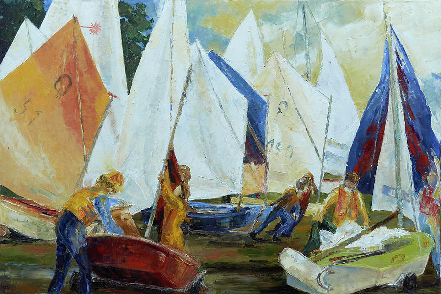 Kids Rigging Their Boats For Sail Training Painting by Barbara Pommerenke
