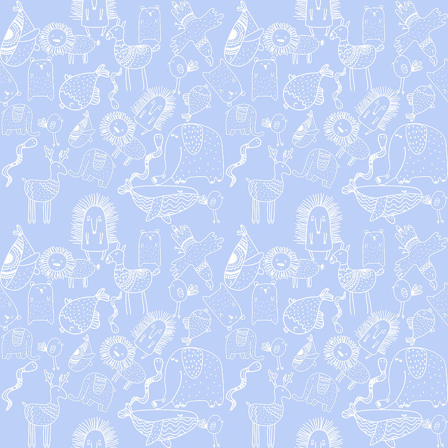 Kids Seamless Animal Pattern - Blue Digital Art by Studio Grafiikka