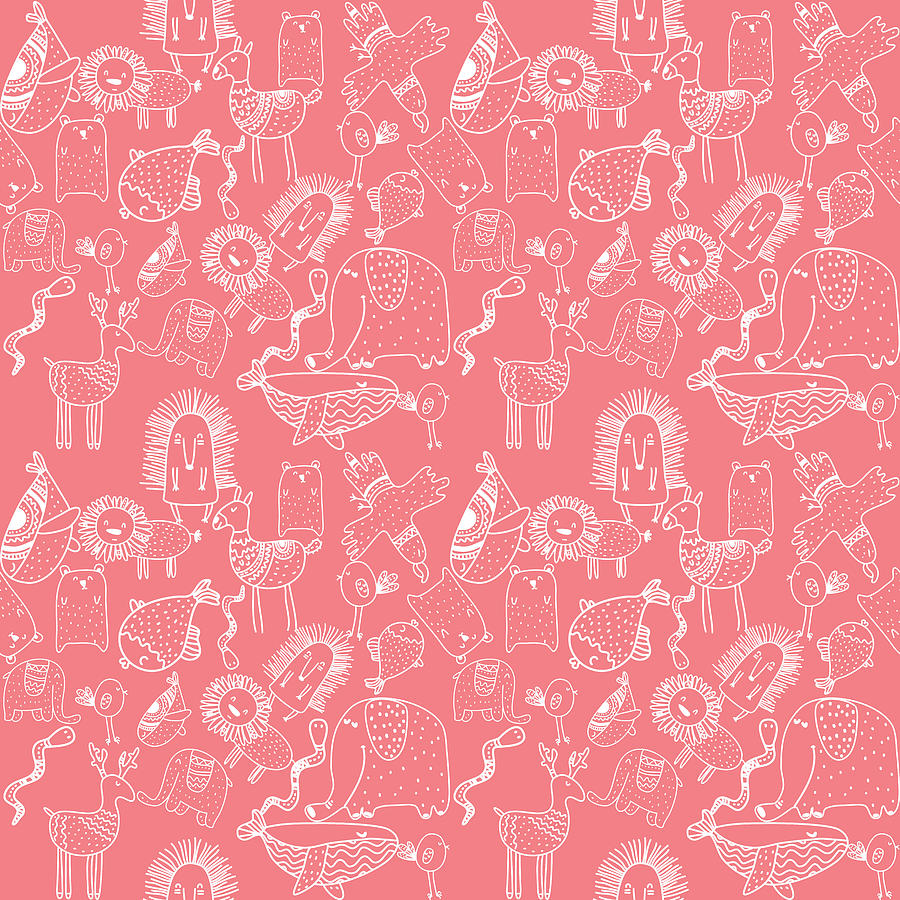 Kids Seamless Animal Pattern - Pink Digital Art