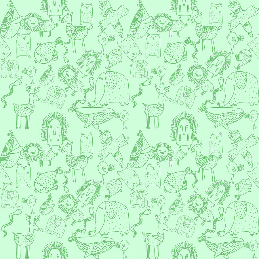 Kids Seamless Animal Pattern - Tea Green Digital Art