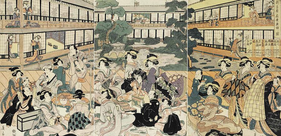 KIKUGAWA EIZANA triptych depicting a group of actors and courtesans in the courtyard of Painting by Artistic Rifki