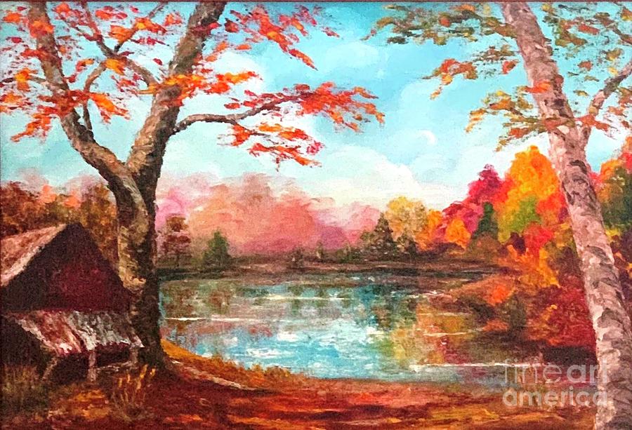 Kildaire Farm Pond and Rustic Tobacco Barn in Cary North Carolina Painting by Catherine Ludwig Donleycott