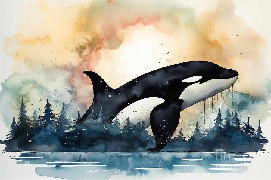 Wildlife Painting - Killer whale ice north sun abstraction drawing with bit of water by N Akkash