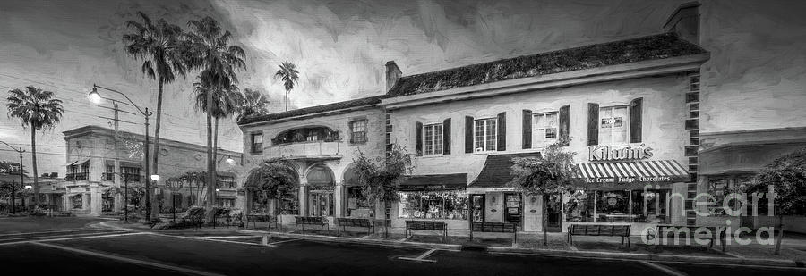 Kilwins Ice Cream in Venice, Florida, Painterly, Black and White Photograph by Liesl Walsh