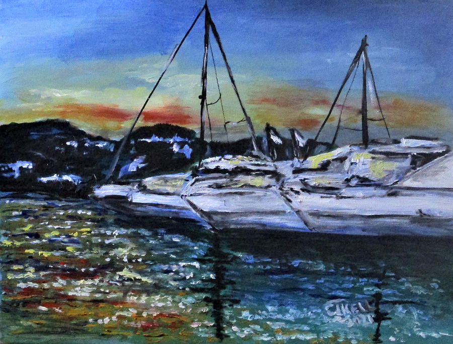 Kim Sunset Boats Painting by Clyde J Kell