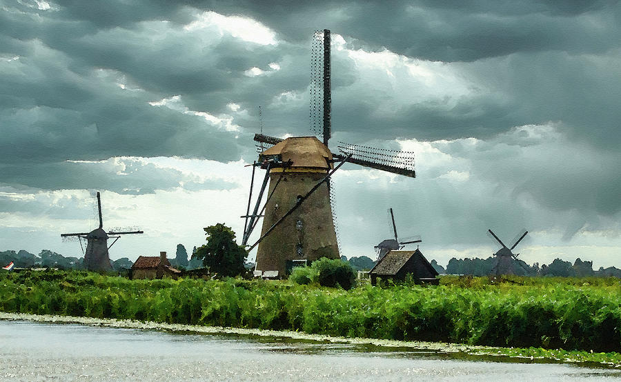 Kinderdijk Windmills, Watercolor on Sandstone Digital Art by Ron Long Ltd Photography