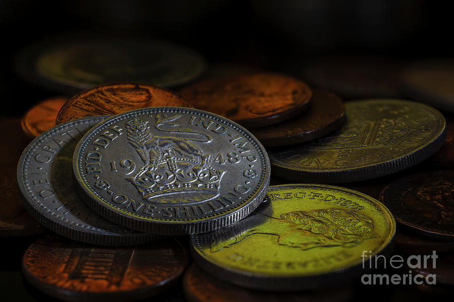 King George VI One Shilling Coin Reverse 1948 on pile of coins Close up Macro Photograph by Pablo Avanzini
