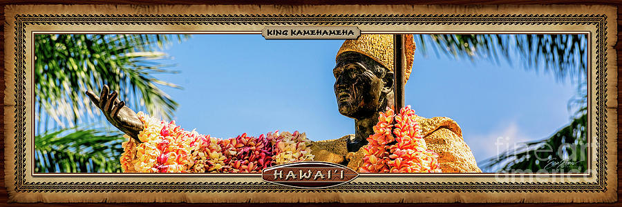 King Kamehameha Statue Draped with Leis Hawaiian Style Panoramic Photograph Photograph by Aloha Art