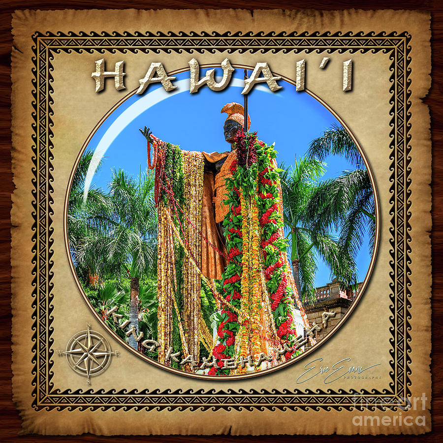 King Kamehameha Statue Leis Full Side View Sphere Image with Hawaiian Style Border  Photograph by Aloha Art