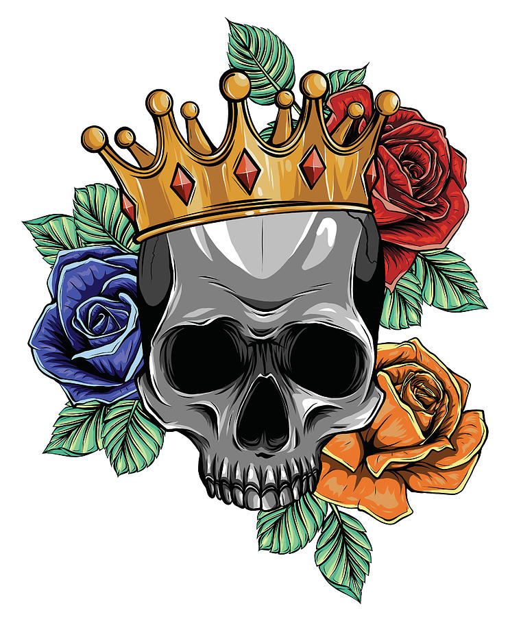 King of death. Portrait of a skull with a crown and lipstick. Digital ...