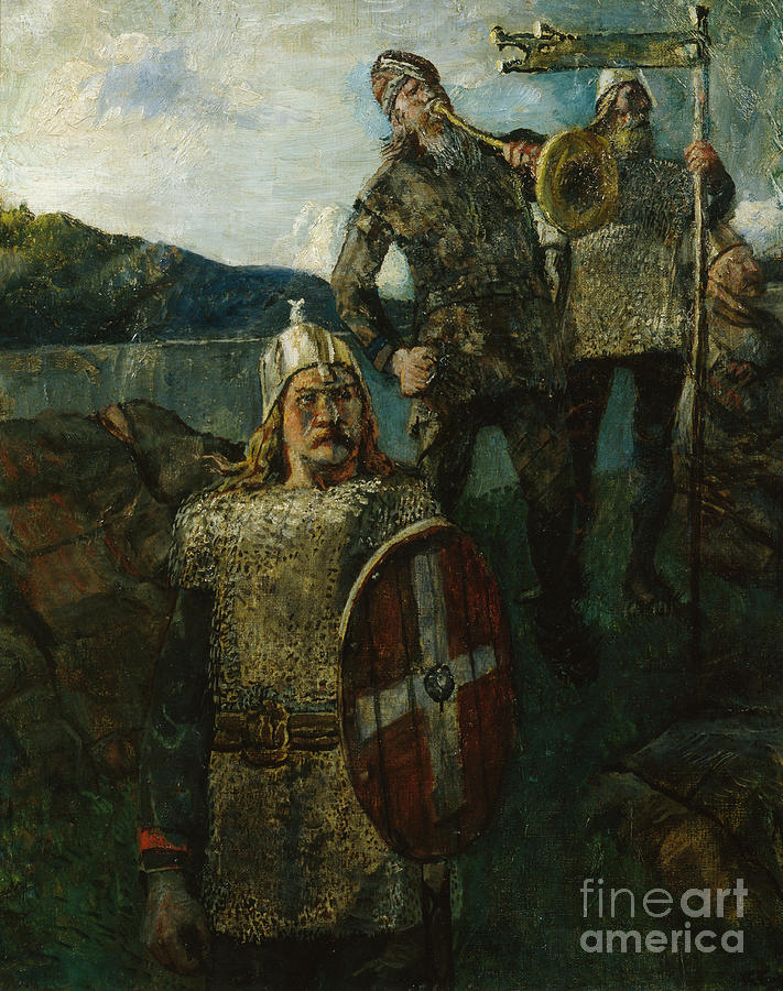 King Olav let blow the army sound Painting by O Vaering by Christian Krohg