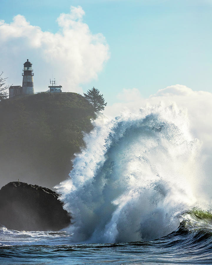 King Tide Wave Crashing Under Cape Disappointment Lighthouse Photograph