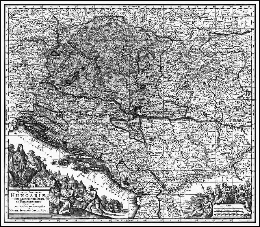 Vintage Photograph - Kingdom of Hungary Vintage Antique Map 1727 Black and White by Carol Japp