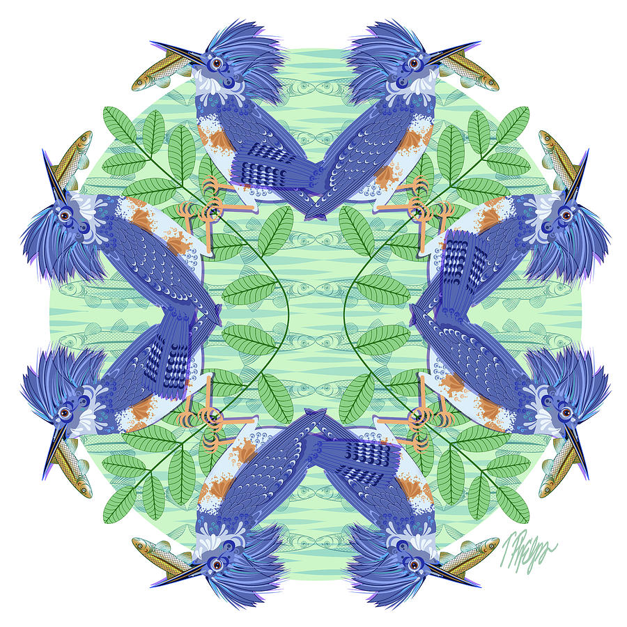 Kingfisher Digital Art - Kingfisher Branch Minnow Nature Mandala by Tim Phelps
